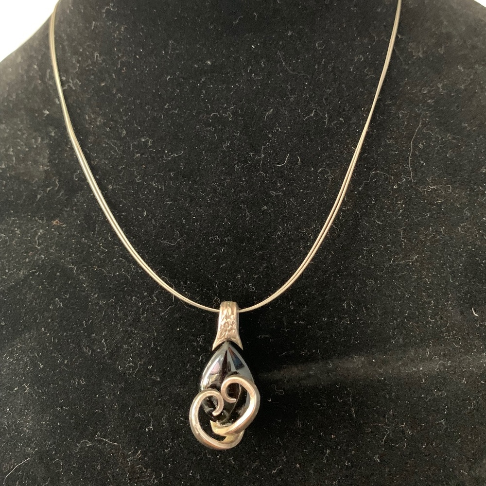 Black teardrop silver pendant necklace